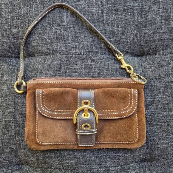 Coach Y2K Dark Brown Suede Leather Trim w/ Buckle Convertible Vintage Wristlet - Picture 1 of 8